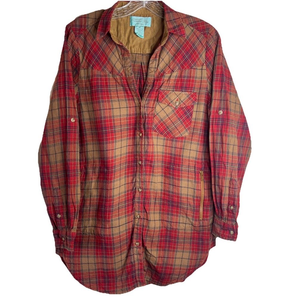 Tasha Polizzi Red & Brown Tunic Button Up with Zipper Pockets Size Medium